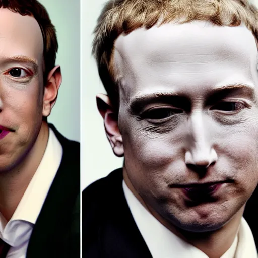 Prompt: a person, the face of musk and gates and bezos all in one face but with Mark Cubans big chin and Mark Zuckerbergs creepy caesar hairdo, HD Studio Portrait