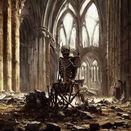 Image similar to Skeleton wearing ragged clothes and a plate armour resting on a throne inside a ruined cathedral, oil painting, by Greg Rutkowski