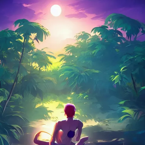 Prompt: tropical jungle, 2 moons in the sky above, purple tinged sky, behance hd artstation by jesper ejsing by rhads, makoto shinkai and lois van baarle, ilya kuvshinov, ossdraws