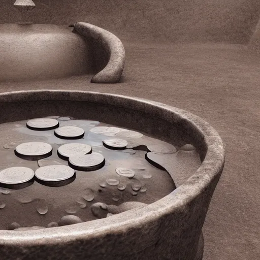 Image similar to a stream of water entering a machine made from organ shaped amphoras and producing a coin in the style of an instructions manual, 8k , octane