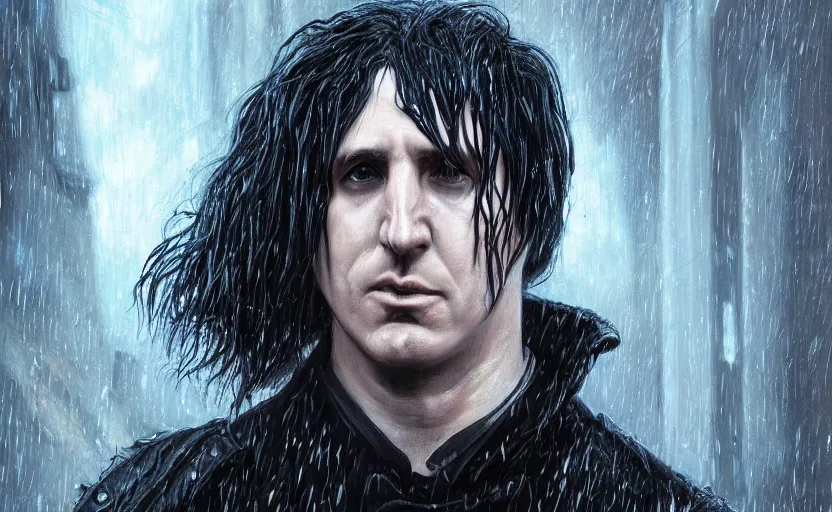 Prompt: an epic fantasy comic book style portrait painting of very beautiful imposing industrial goth trent reznor as snape with wet hair in the rain, neon reflections, character design by mark ryden and pixar and hayao miyazaki, unreal 5, daz, hyperrealistic, octane render, cosplay, rpg portrait, dynamic lighting, intricate detail, cinematic