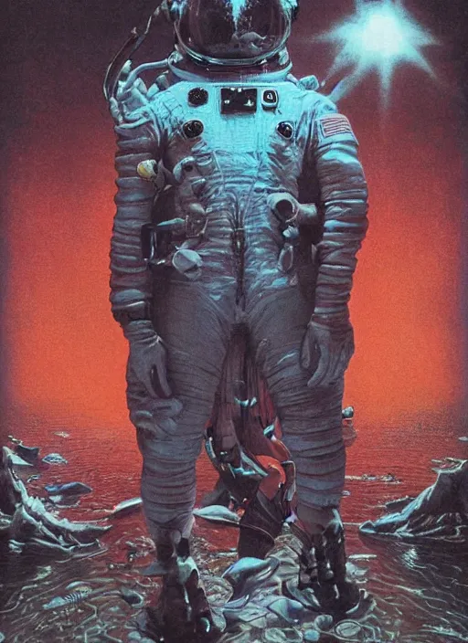 Image similar to astronauts in dark and empty void underwater - complex and hyperdetailed technical suit. reflection and dispersion materials. rays and dispersion of light. volumetric light. 5 0 mm, f / 3 2. noise film photo. flash photography. ultra realistic, wide angle. poster by wayne barlowe, hajime sorayama aaron horkey, craig mullins