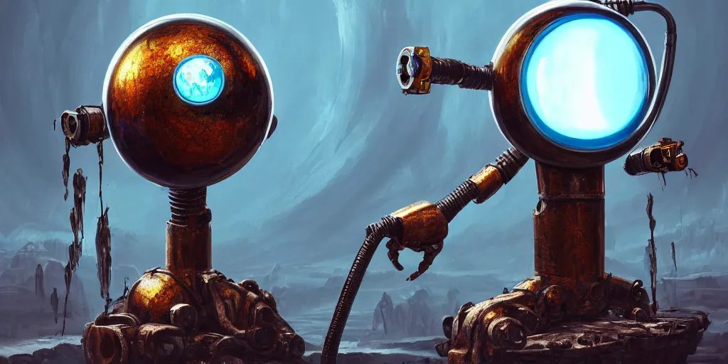 Image similar to tarnished chrome drilling robot with a sphere for a head, matte oil painting, retrofuturistic, colorful, concept art, science fantasy, mutant, lgbt, rpg, epic, rusted, salt, jungles, dungeons & dragons, sharp focus, award - winning, extremely detailed, 4 k, 8 k