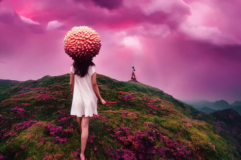 Image similar to giant dahlia flower crown under head, girl walking on dramatic mountain, surreal photography, pink storm clouds, sunset, impressionist painting, digital painting, artstation, simon stalenhag