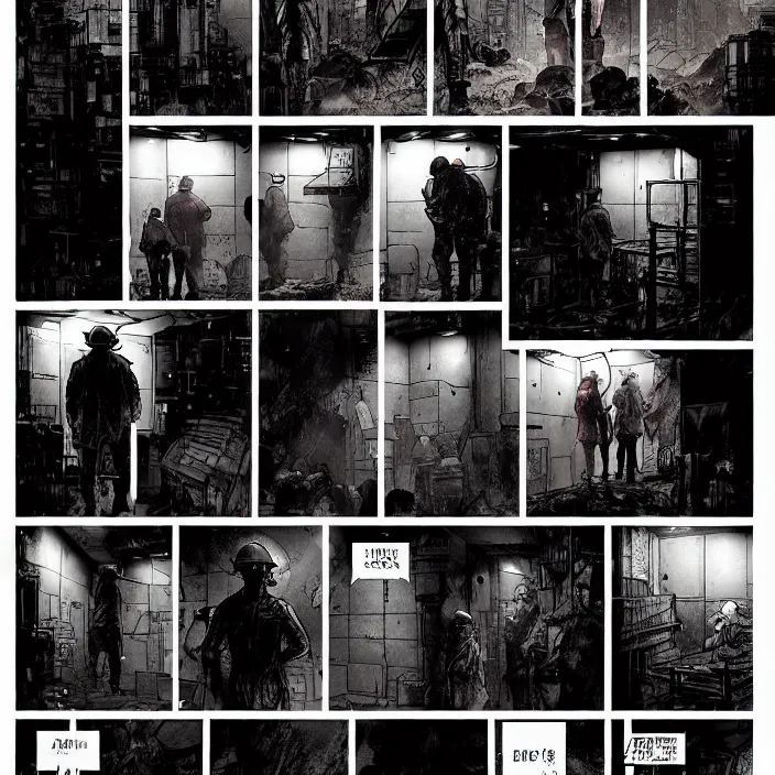 Image similar to a long queue to a big box / booth. sadie sink as a miner in the queue. storyboard, scifi cyberpunk. by gabriel hardman, joe alves, chris bonura. cinematic atmosphere, detailed and intricate, perfect anatomy