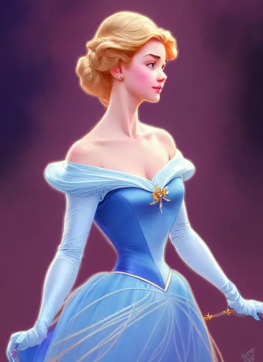 Image similar to portrait of disney cinderella, intricate, elegant, highly detailed, my rendition, digital painting, artstation, concept art, smooth, sharp focus, illustration, art by artgerm and greg rutkowski and alphonse mucha and uang guangjian and gil elvgren and sachin teng, symmetry!!