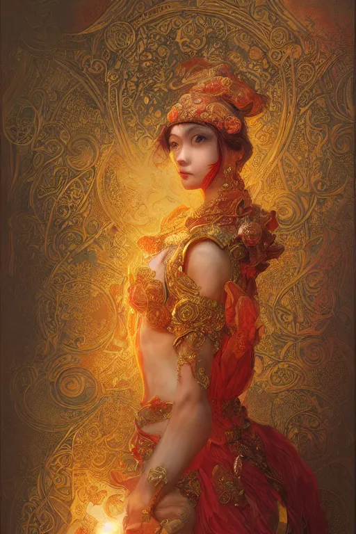 Image similar to tarot card artstation, portrait of an asian love dancer, sunrise, baroque ornamnet and rococo ornament, ancient chinese ornate, hyperdetailed, beautiful lighting, craig mullins, mucha, klimt, yoshitaka amano, red and gold and orange color palatte