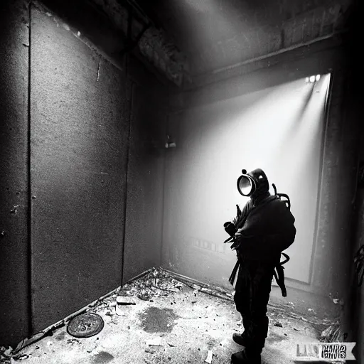 Prompt: A misterious man wearing a gas mask using a flashlight is standing on the midle of a stair alley looking in the direction of the camera :: outside, blue sky visible :: Ruined city with vegetation and trees growing all over the place in the distroyed buildings :: apocalyptic, shadowy, disolate :: A long shot, low angle, dramatic backlighting, simetric photography, night time, slighty colorful :: cinematic shot, very detailed