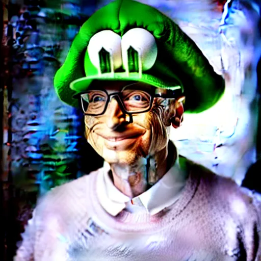 Image similar to uhd candid photo of hyperdetailed bill gates dressed as luigi. correct face, accurate luigi costume, cinematic lighting, photo by annie leibowitz, and steve mccurry.