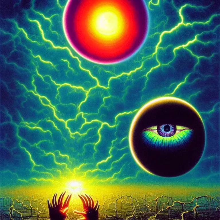 Prompt: eyeball in palm over glowing fields of infinite quantum ghosts, synthwave, bright neon colors, highly detailed, cinematic, tim white, vladimir kush, philippe druillet, roger dean, bob eggleton, michael whelan, boris vallejo, alfred kelsner, kubrick, jaroslaw jasnikowski