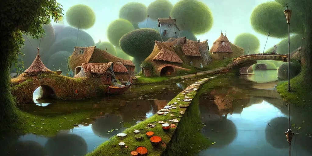 Prompt: amazing detailed village with a river, water, reflection, stone bridge, art by Yohann Schepacz, art by Gediminas Pranckevicius, art by Esao Andrews