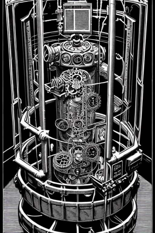 Image similar to steampunk human cryo chamber, high details, intricately detailed, by vincent di fate, inking, 3 color screen print, masterpiece, trending on artstation,, sharp, details, hyper - detailed, hd, 4 k, 8 k