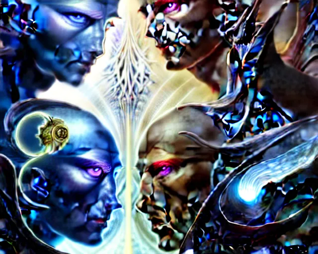 Image similar to the battle of light and dark, gemini, fantasy character portrait made of fractals, facing each other, ultra realistic, wide angle, intricate details, the fifth element artifacts, highly detailed by peter mohrbacher, hajime sorayama, wayne barlowe, boris vallejo, aaron horkey, gaston bussiere, craig mullins