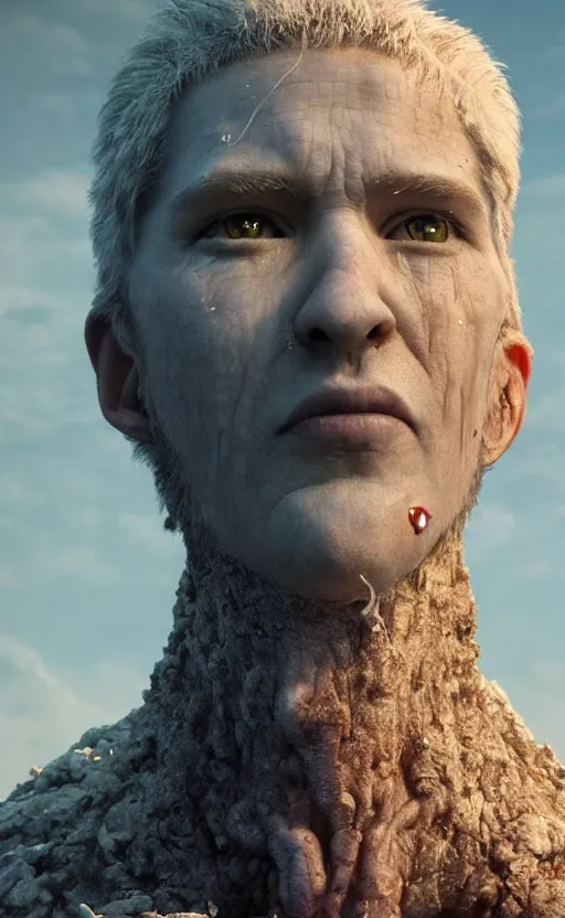 Image similar to extremely detailed cinematic movie still 3 0 7 7 portrait shot of a god of love 2 5 years old white man hyperreal skin face at the mountain top by denis villeneuve, wayne barlowe, simon birch, marc simonetti, philippe druillet, beeple, bright volumetric sunlight from remote star, rich moody colors, closeup, bokeh