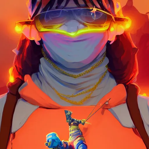 Image similar to Angel cherub ski mask orange hoodie, golden necklace fantasy art apex fortnite Video game icon, 2d game art gta5 cover , official fanart behance hd artstation by Jesper Ejsing, by RHADS, Makoto Shinkai and Lois van baarle, ilya kuvshinov, rossdraws