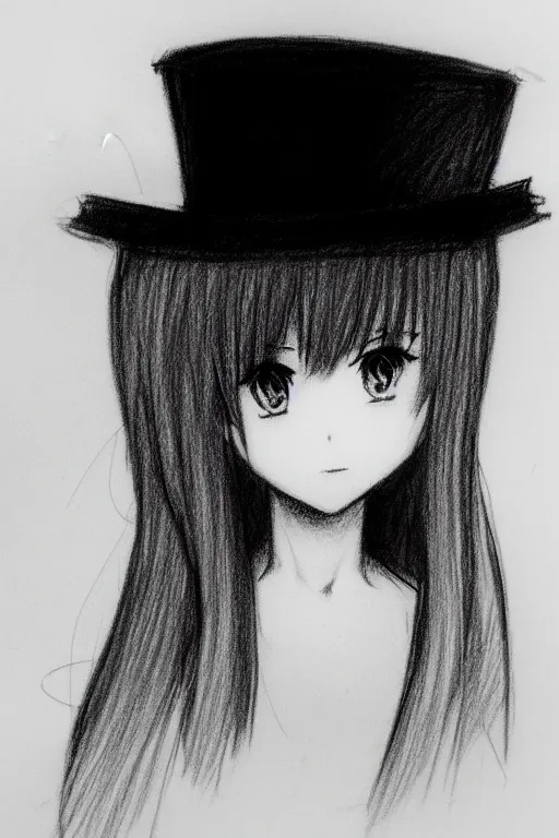 Image similar to cute loli in a tall black top hat, face profile, pencil sketch, gray scale, mysterious, anime style