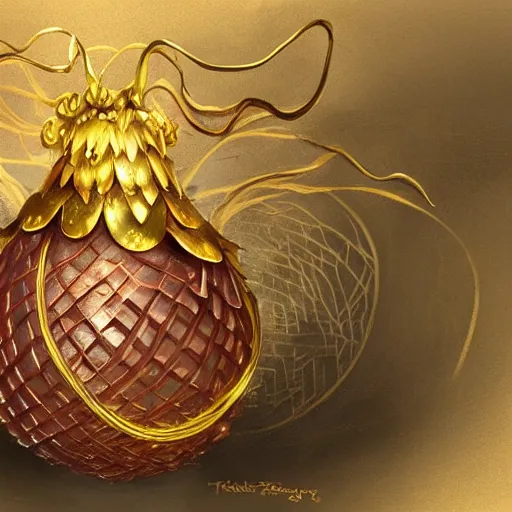 Image similar to an elaborate dragon egg emerging from the blossom of a metallic gold flower with tendrils of gold wrapping around the egg, fantasy concept art