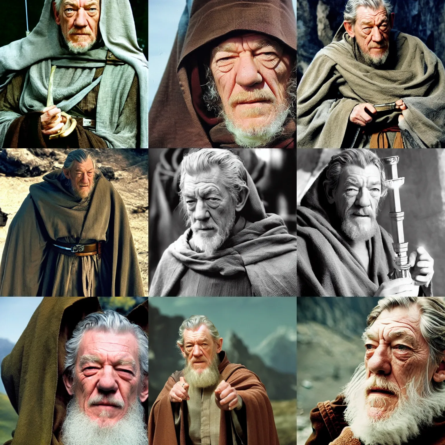 Prompt: Ian McKellen as Obi-Wan Kenobi on the set of Lord of the Rings