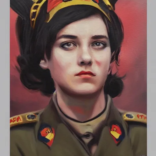 Image similar to oil paining of twentytwo year old female character with cat ears wearing soviet era uniform, wearing a tshirt with a face of karl marx on it, in the style of krenz cushart