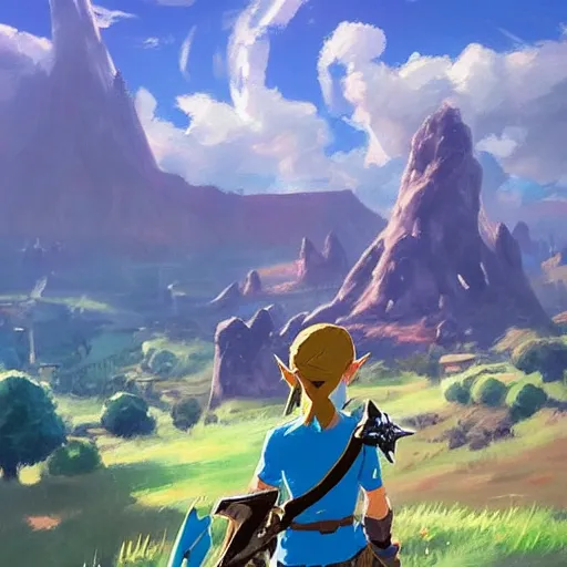 Prompt: oil painting of zelda breath of the wild, mountain in the background. beautiful, rpg, dnd, artstation, artgerm, disney, pixar. sense of scale, epic