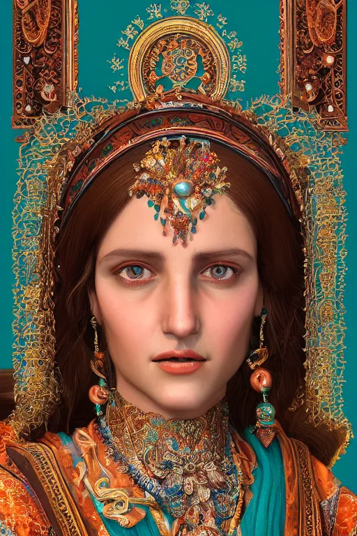 Prompt: a gorgeous digital portrait of a goddess in traditional Armenian attire, wearing highly detailed pieces of jewelry and ornaments, photorealistic portrait by Da Vinci and Picasso, beautiful face, beautiful portrait lighting, teal and orange colored background with traditional lampstands and furniture, artstation, digital arts, Zbrush, Octane, smooth, 8K