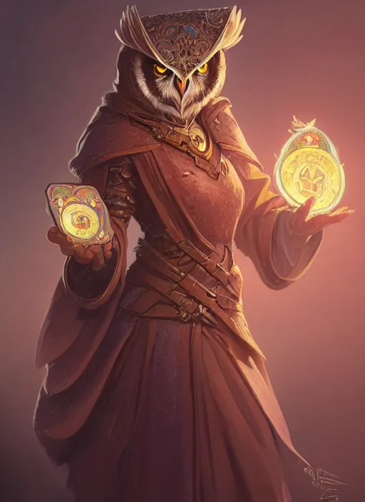 Image similar to level 1 4 owl wizard, d & d, fantasy, intricate, elegant, highly detailed, digital painting, artstation, concept art, matte, sharp focus, illustration, hearthstone, art by artgerm and greg rutkowski and alphonse mucha