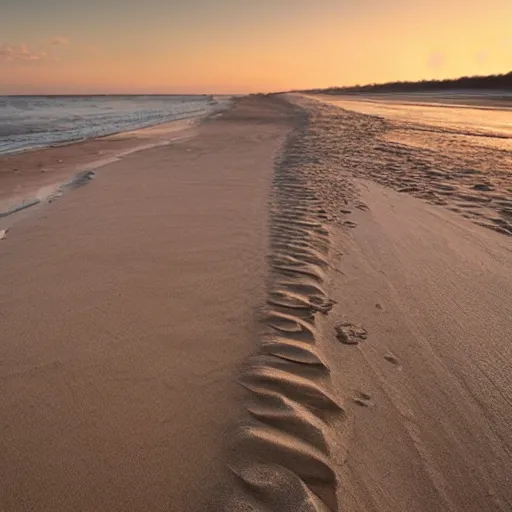 Image similar to footprints in sand at the beach, gentle waves, calm light, footprint path, light sand, distant clouds, photography award, leading lines