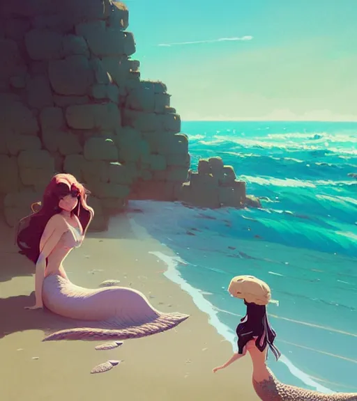 Image similar to a princess and a mermaid on the beautiful beach by atey ghailan, by greg rutkowski, by greg tocchini, by james gilleard, by joe fenton, by kaethe butcher, dynamic lighting, gradient light blue, brown, blonde cream and white color scheme, grunge aesthetic