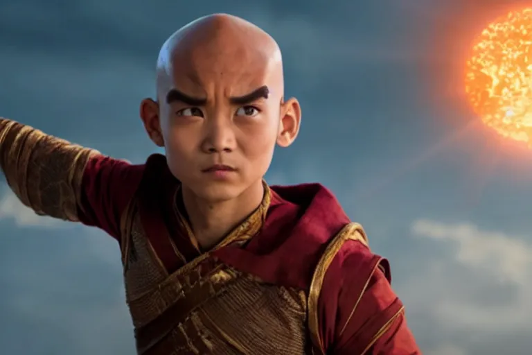 Image similar to live action film still of aang in the new fantasy movie, cinematic lighting
