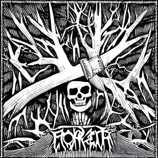 Image similar to dark death metal themed vector illustration for a record label, trees. forest, spikes, skull, microphone, skull, award winning, grunge, iconic, golden ratio