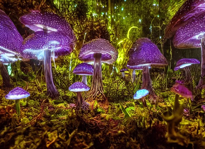 Prompt: glowing delicate flower and mushrooms that grow in a dark fatansy forest at night on the planet Pandora,