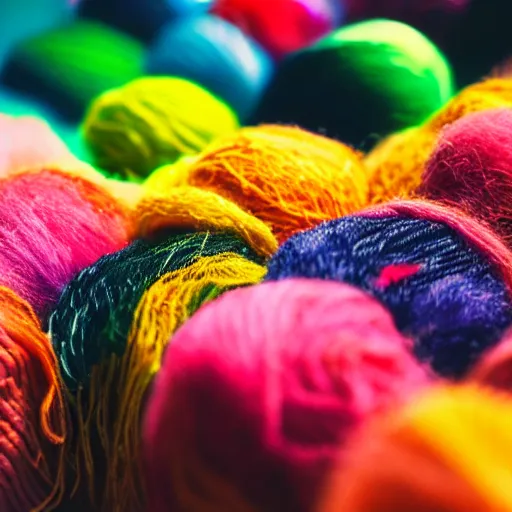 Prompt: hairy colorful balls of yarn in the shape of a chablis, 35mm, f1.4, bokeh