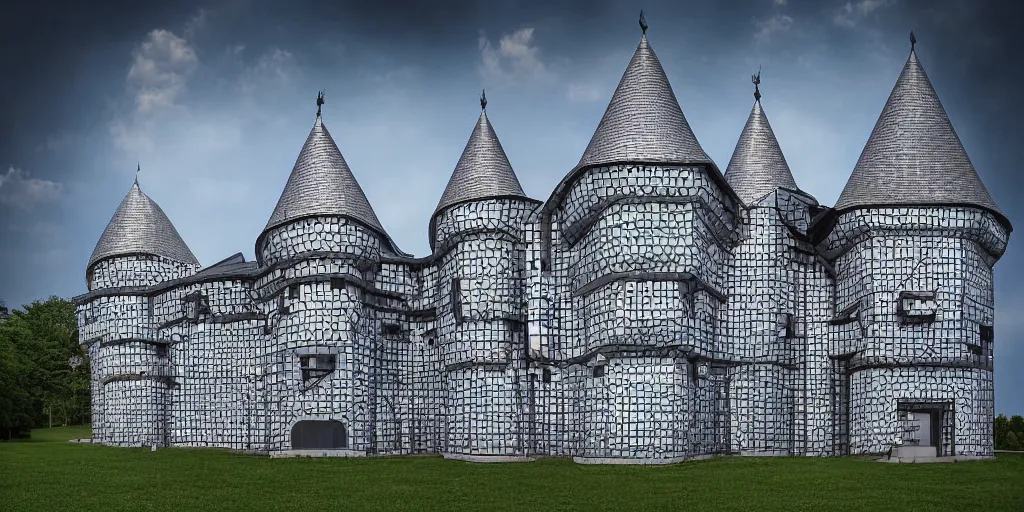 Prompt: robotic german castle with geometric carbon plate walls, futuristic, 8k, photograph