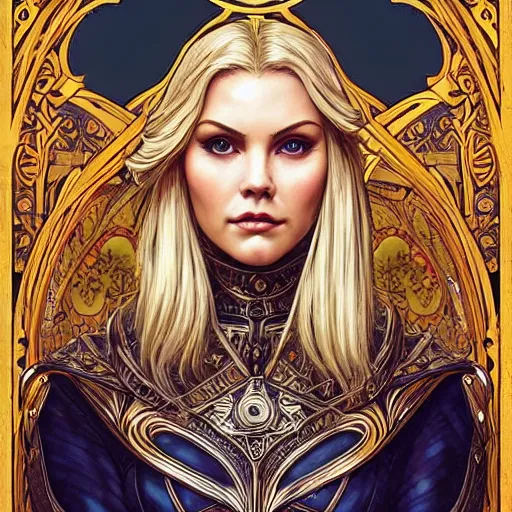 Image similar to head-on symmetrical centered painted portrait, Elisha Cuthbert as a paladin, blonde hair, ornate iron armour, art nouveau, tarot card style, medieval robes, fantasy, intricate, elegant, highly detailed, smooth, sharp focus, illustration, artstation, in the style of Artgerm and Anna Podedworna and Alex Ross and Mucha