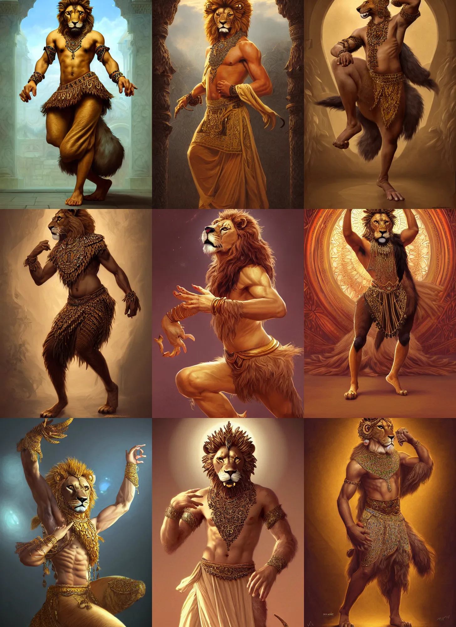 Prompt: full body photograph of a male anthropomorphic lion man fursona arabian dancer, dancing, deep focus, intricate, elegant, highly detailed, digital painting, artstation, concept art, matte, sharp focus, illustration, d & d, fantasy, hearthstone, art by artgerm and greg rutkowski and alphonse mucha