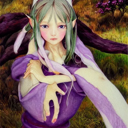 Prompt: little elf girl, tunic, soft hair. light color palate, purple, yellow and white. detailed soft painting, ayami kojima, made in abyss, anatomically correct, inspired in balthus, high detailed face anime, vogue magazine, realistic painting