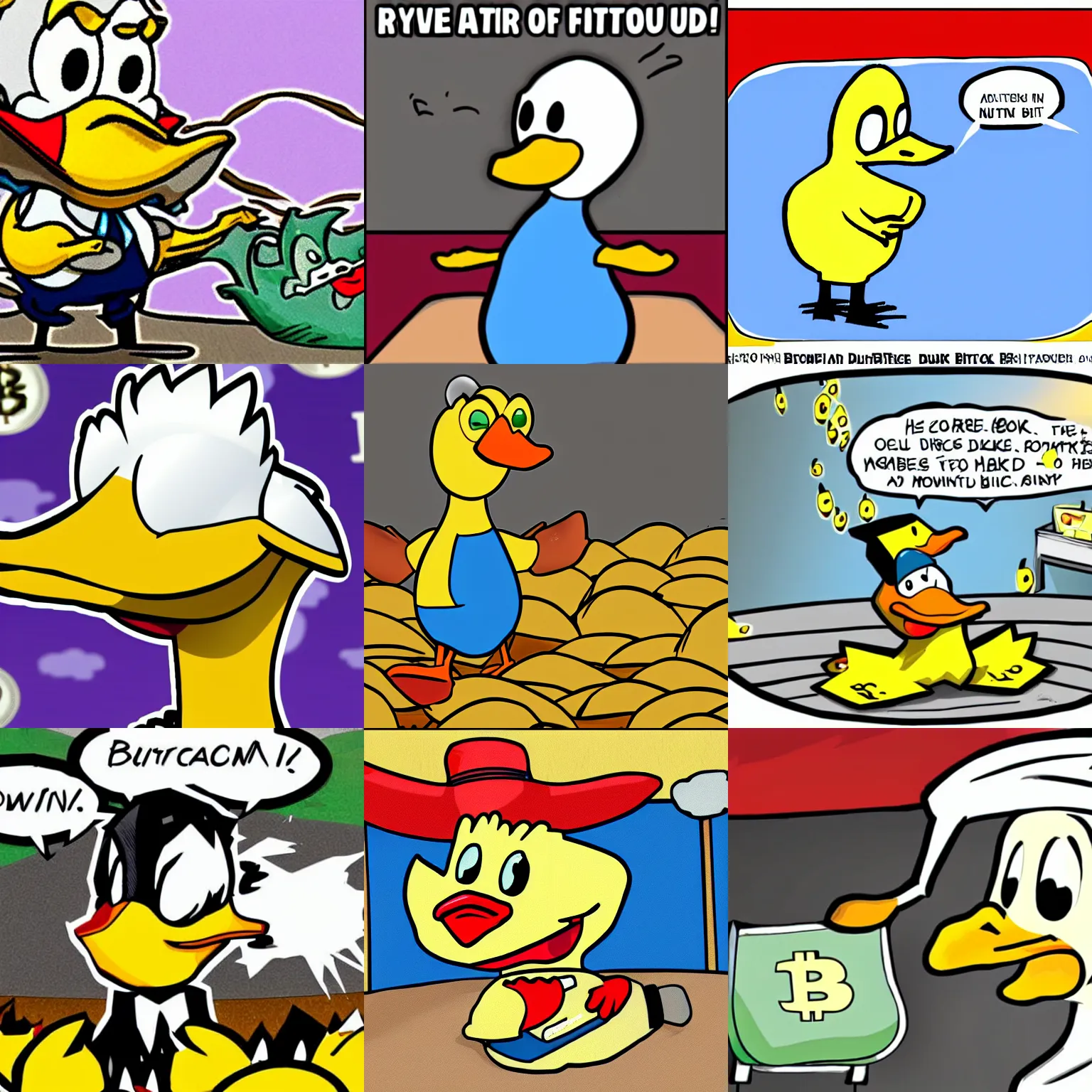 Prompt: cartoon duck is horrified by the fall of bitcoin