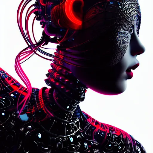 Image similar to portrait of an absurdly beautiful, graceful, sophisticated, fashionable asian cyberpunk mechanoid gravure idol, hyperdetailed illustration by irakli nadar, adut akech, matt wisniewski style, intricate linework, dark black porcelain skin, jellyfish headdress, unreal engine 5 highly rendered, global illumination, neon red light, detailed and intricate environment