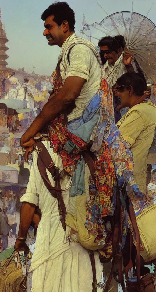 Image similar to close up of an Indian doctor disembarking from an airplane at Heathrow, sun shining, photo realistic illustration by greg rutkowski, thomas kindkade, alphonse mucha, loish, norman rockwell.