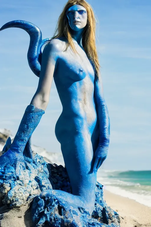 Image similar to a young french woman dressed as a blue-skinned triton from DND standing on a beach, blue body paint, high resolution film still, 8k, HDR colors, cosplay, outdoor lighting, high resolution photograph, photo by bruce weber, beautiful symmetric face