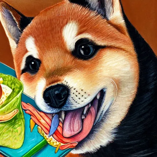 Prompt: beautiful detailed painting of a shiba inu eating a taco