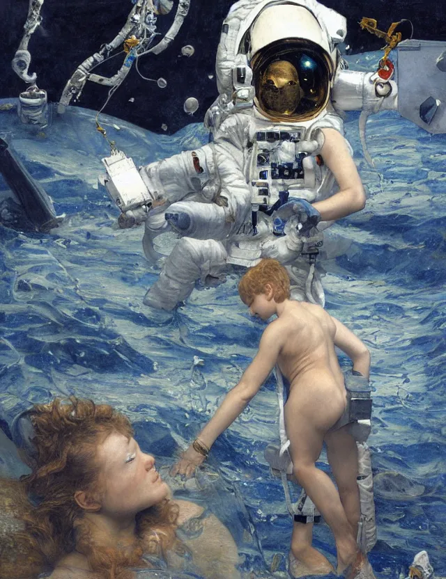 Image similar to an astronaut deep under the ocean, key lighting, soft lights, by steve hanks, by edgar maxence, by caravaggio, by michael whelan, by delacroix, by serov valentin, by tarkovsky, 8 k render, detailed, oil on canvas
