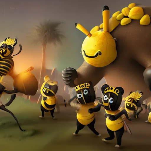 Prompt: A giant bee fighting a bunch of tiny bears, digital art, concept art, 3d animated