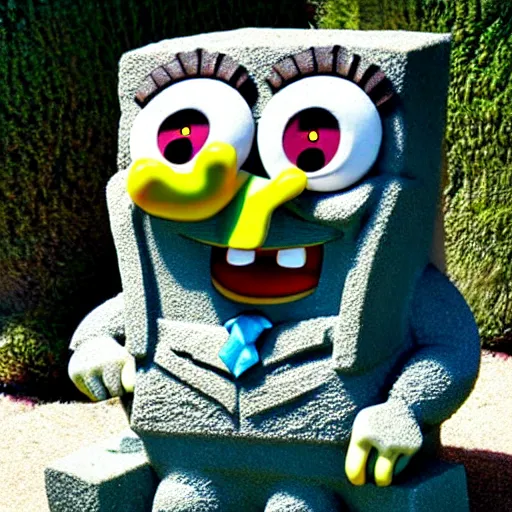 Image similar to spongebob squarepants, stone sculpture.