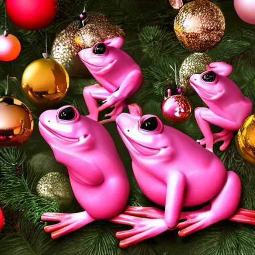 Prompt: highly detailed pink frogs being cooked in a pot beneath a christmas tree, realistic,