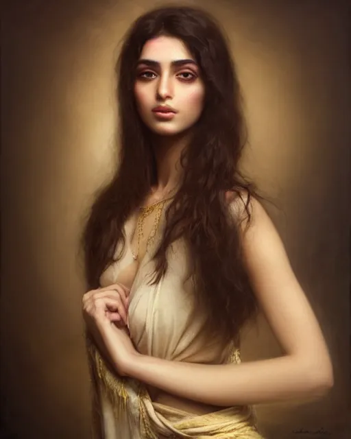 Image similar to a highly realistic, true to life portrait of a beautiful young middle eastern girl, soft focus, from the waist up, with sharp features, a beautiful face, soft smile, under studio lighting, taken with a canon eos camera with 1 3 5 mm focal length, art by karol bak, james jean, tom bagshaw, trending on artstation,