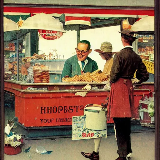 Prompt: a smiling merchant serving his customers at the fair artwork by Norman Rockwell, cinematic composition