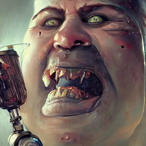 Image similar to closeup portrait of an overweight barkeeper with a prosthetic robot arm, decayed teeth, ratz, neuromancer, bar background, painted by greg rutkowski, painted by igor kieryluk, high detail, dramatic light, digital art, trending on artstation