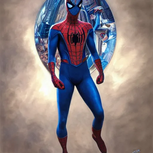 Image similar to a realistic portrait of Joe Keery in a spider-man suit, cute face, 4k, art by Donato Giancola and Bayard Wu and WLOP and Artgerm, exquisite detail, hyper realism, ornate, masterpiece, artstation