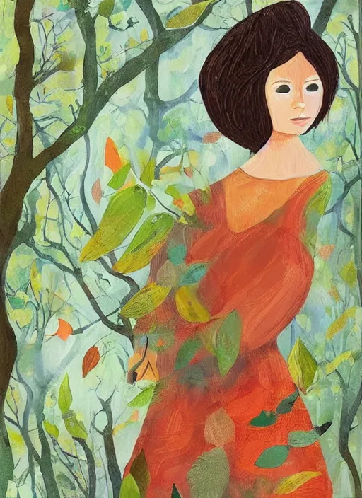 Image similar to a wonderful childrens illustration portrait painting of a woman with serene emotion, art by tracie grimwood, forest, trees, many leaves, birds, whimsical, aesthetically pleasing and harmonious natural colors